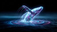 Holographic whale breaching ocean surface with glowing neon blue and purple light effects creating ripples in dark water for futuristic digital art projects.