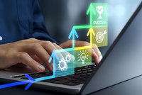 Business professional using laptop with digital success icons and growth arrows representing achievement and productivity in modern workplace.