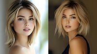 Young blonde woman with short bob haircut and natural makeup in portrait style photography for beauty and fashion commercial use.