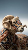 Ornate ram sculpture with intricate floral patterns and curved horns against gradient sky background for decorative arts and cultural design projects.