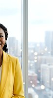 Young African woman in bright yellow blazer smiling by high-rise window overlooking cityscape, corporate professional portrait for business and leadership concepts.