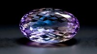 Oval cut amethyst gemstone with faceted surface displaying purple and blue hues against dark background, showcasing luxury brilliance and crystal clarity.