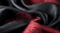 Elegant black and red silk fabric with intricate rose pattern creates luxurious textile background for fashion and interior design projects.