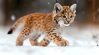 Young bobcat cub walking through fresh snow in winter forest, spotted fur coat and alert expression, natural wildlife photography in snowy environment.