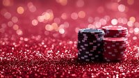Stacks of black and red casino poker chips on sparkling red glitter background with festive bokeh lights creating luxurious gambling atmosphere.