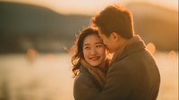 Happy young Asian couple embracing at sunset by lake with warm golden light creating romantic atmosphere for love and relationship concepts.