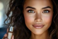 Young mixed-race woman with curly hair holding cosmetic serum bottle, natural makeup and glowing skin for skincare and beauty product advertising.