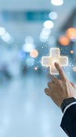 Hand touching glowing medical cross symbol with digital particles on blurred hospital background. Healthcare technology and telemedicine concept for medical services and digital health solutions.