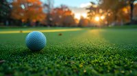 Golf ball on green grass course at sunset with golden sunlight streaming through autumn trees, creating atmospheric sports scene with shallow depth of field.