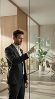 Professional businessman interacting with futuristic holographic interface displaying renewable energy data and sustainability metrics in modern office.