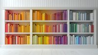 Colorful books arranged in rainbow spectrum order on white built-in bookshelf, creating modern interior design element with ombre effect from red to blue tones.