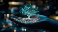 Glowing blue holographic tree floating above open palm against dark background with bokeh lights, representing growth, technology and environmental concept.