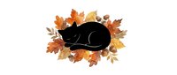 Black cat silhouette sleeping surrounded by autumn leaves and foliage on white background, isolated design element for fall seasonal projects and merchandise.
