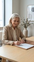 Mature businesswoman with silver hair writing documents at wooden desk in modern office, professional female executive signing paperwork in bright workspace.