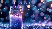 Magical glowing mason jar with purple lavender stems against dark background with bokeh lights creating dreamy atmosphere for fantasy designs.
