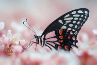 Black and white butterfly with red spots perched on pink blossoms. Macro nature photography for wildlife, garden, and spring designs.