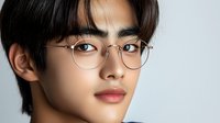 Young Asian male model wearing round metal frame glasses against light background, close-up portrait showcasing natural makeup and modern hairstyle.