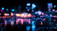 Glowing city lights reflected in water surface with bokeh effect creating dreamy urban nightscape. Blurred neon colors merge into magical atmosphere.
