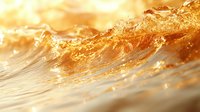 Golden ocean wave at sunset captures dynamic water movement with sunlight creating amber crystalline patterns and ethereal glow in nature photography.