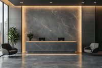 Modern luxury hotel lobby reception desk with dark marble wall and warm LED lighting creating elegant hospitality interior design atmosphere.