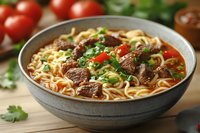 Asian beef noodle soup with tender meat chunks, fresh herbs, and cherry tomatoes in rich broth served in ceramic bowl on wooden table. Food photography.