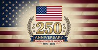 Patriotic 250th anniversary celebration design with golden laurel wreath and flag on vintage textured background for Independence Day commemorative events.