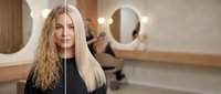 Young blonde Caucasian woman showing hair transformation from curly to straight in modern salon with stylist working in background.