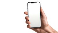 Hand holding modern smartphone with blank white screen, isolated on white background for mockup or app design presentation.