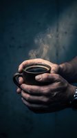 Male hands holding steaming hot coffee cup with rising vapor against dark moody background creating warm atmospheric morning beverage moment.