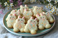 Homemade Easter bunny sugar cookies decorated with pastel sprinkles on turquoise plate. Spring flowers and white linen create festive holiday setting.