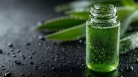 Green herbal essence oil in glass bottle with fresh leaves and water drops on dark stone surface for natural skincare and aromatherapy treatments.