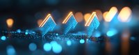 Glowing blue neon house icons on dark background with bokeh lights and reflective surface create modern real estate technology concept.