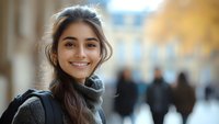 Young woman with radiant smile wearing gray turtleneck sweater and backpack outdoors on autumn city street, natural lifestyle portrait with soft bokeh background.