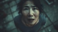 Asian woman behind chain link fence showing distress and desperation in dramatic lighting for emotional storytelling and social awareness campaigns.