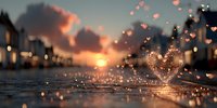 Heart-shaped water splash at sunset with golden bokeh lights reflecting on wet pavement in urban street setting creating romantic atmosphere.
