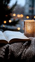 Open book with glowing candle holder and knitted blanket against bokeh lights background creates cozy winter atmosphere for reading and relaxation.