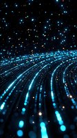 Glowing blue curved light trails against dark background with scattered bokeh effects create futuristic technology concept for digital communications design.