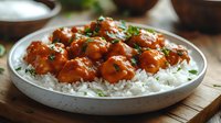 Glazed meatballs with fresh herbs served over white rice on ceramic plate, homemade comfort food meal ready for dinner table presentation.