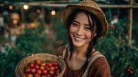 Young Asian woman farmer in straw hat smiling while holding basket of fresh red tomatoes in greenhouse garden during harvest season.