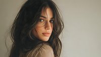Young woman with long dark hair and natural makeup looking over shoulder against neutral beige background, creating intimate portrait atmosphere.