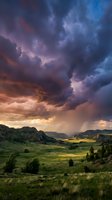 Dramatic storm clouds roll over rolling green valley with golden sunlight breaking through, creating moody atmospheric landscape for weather, nature and editorial projects.