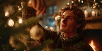 Young man with curly hair decorating Christmas tree at home with warm fireplace glow and string lights creating festive holiday atmosphere.