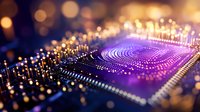 Futuristic microprocessor chip with glowing purple circuits and golden bokeh lights representing advanced technology and artificial intelligence computing power.