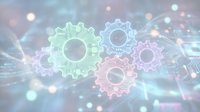 Glowing gear icons in green, blue, and pink with circuit patterns on blurred tech background. Use for technology, innovation, and business solutions.