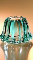 Elegant turquoise glass jelly mold with rippled design reflects light creating translucent effects against warm peach background, modern culinary still life.