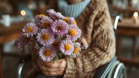 Woman in cozy knit sweater holding purple autumn chrysanthemum flowers bouquet in warm indoor setting with soft bokeh lights background.