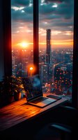 Laptop on wooden windowsill overlooking city skyline at sunset, with glowing orange light illuminating workspace and potted plant against dramatic evening sky.