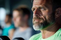 Mature Caucasian male with gray beard exercising at gym, focused determined expression while working out with dumbbells, wearing green t-shirt, side profile view.