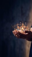 Hands holding glowing holographic cityscape with digital network connections and light particles, representing smart city technology, urban development, and future innovation for business concepts.