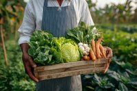 Farmer holding wooden crate filled with fresh organic vegetables including cabbage, carrots and leafy greens in garden for healthy eating and farm to table concept.
